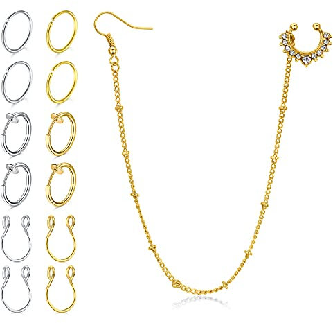 LAURITAMI 13stk Fake Nasenpiercing Nasenclipkette Chirurgenstahl Fake Septum Hoop Non Pierced Nasenring Cartilage Knorpel Helix Lippenpiercing