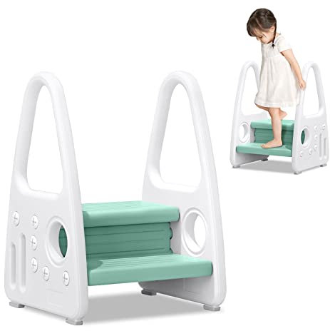 UISEBRT Sgabello a 2 Gradini per Bambinim, Scaletta Alzabimbo Antiscivolo, per la Cameretta dei Bambini il Bagno, la Camera da Letto, la Cucina (Verde Chiaro)