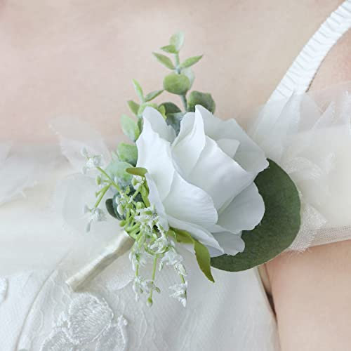 Uwedding Brautstrauß mit Wasserfall, 22,9 cm, Blau (Dusty Blue), Pfingstrose, Brautstrauß mit Eukalyptus für Tafelaufsatz, Party und Hochzeit, Zeremonie, Jahrestag (Boutonniere)
