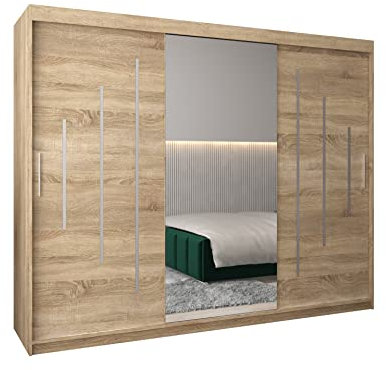 E- MEUBLES Armoire de Chambre avec 3 Portes coulissantes et Miroir Style Contemporain Penderie (Tringle) avec étagères (LxHxP): 250cmx200cmx62cm Maltese 1 (Chêne Sonoma)
