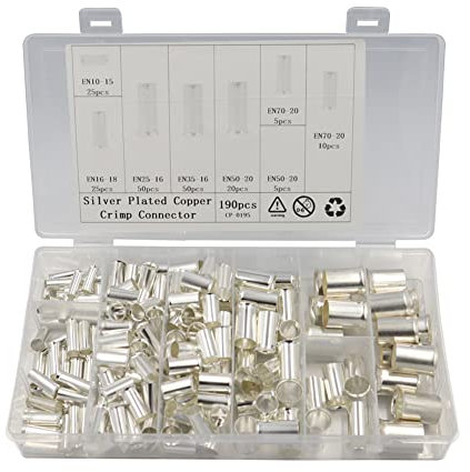 ihreesy 1-8 AWG Aderendhülsen Set, 190 Stück Kupfer Kabelschuhe Unisolierte Kabelhülsen Aderendhülsen Sortiment Stoßverbinder Kabel Ferrule Kabel-Crimp-Anschluss-Kit mit Aufbewahrungsbox