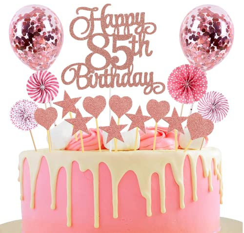 Tortendeko 85. Geburtstag Rosegold - Happy Birthday Glitter Cake Topper für Junge und Mädchen - Kuchendeko 85 Jahre