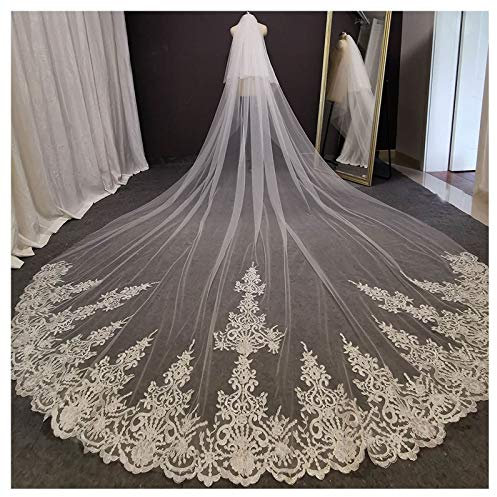 AGAATI Applizierter Spitzen-Braut-Hochzeitsschleierkamm, 1-stöckig, lang, Kathedralenlänge, Brautschleier, weicher Tüll, Haarschmuck für Bräute, Cosplay, Bankett, Party, weiß, 350 cm (weiß 350 cm)