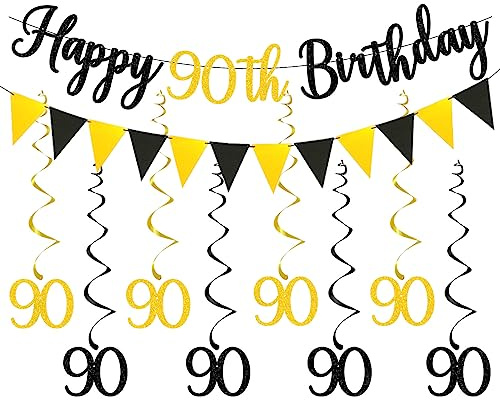 Elicola Banner Happy 90th Birthday, schwarz-goldene Girlande, Dekoration zum 90. Geburtstag, Dekoration, 8 Stück, hängende Wirbel, Nummer 90, Geburtstagsparty-Zubehör, Hintergrund, Schwarz / Gold