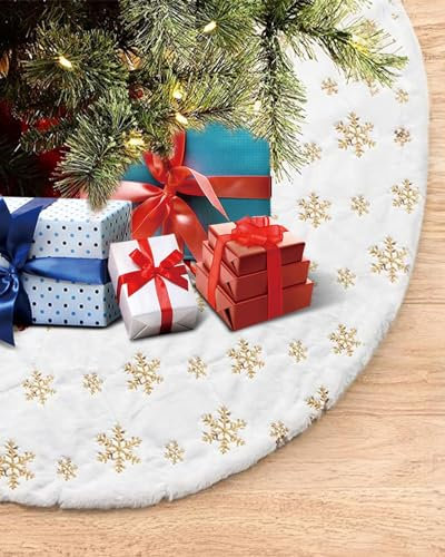 Maxesla Copri Base Albero Natale con Oro Paillettes, 90cm Tappeto Bianco di Pelliccia, Gonna per Letto Soggiorno Hotel