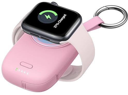 fuvoki for Portable Apple Watch Charger with Keychain - 1200mAh Power Bank, Magnetic Wireless iWatch Charger Compatible with Series 10 9 8 7 SE 6 5 4 3 2 Ultra, Travel Accessories Gifts Women - Pink