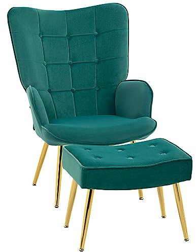 HOMCOM Modern Armchair with Footstool, Upholstered Accent Chair with Ottoman, Steel Legs, Velvet Wingback Chair for Living Room, Bedroom, Home Study, Dark Green