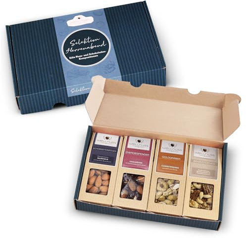 WELLNUSS Geschenkset für Männer „Herrenabend“ – 4 (4 x 60-70 g) vegane Premium Nussmischungen im edlen Geschenkkarton – Geschenkidee für Mann, Papa, Opa, Freund