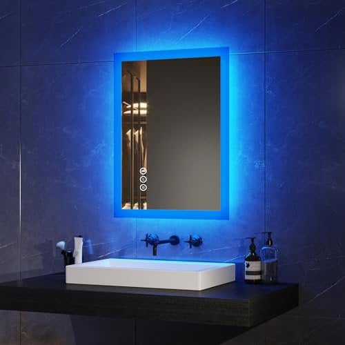 EMKE Bluetooth-Badezimmerspiegel mit Rasiersteckdose, 450 x 600 mm, Blaue Atmosphäre, beleuchteter Badezimmerspiegel mit 3 Farbtönen, dimmbar, Memory-Funktion, Demister Wandmontage,