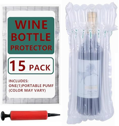 15 Packs Wine Bottle Protector Bags for Travel, goldhik Inflatable Packaging Bubble Wrap Bags for Wine Fruit Glass Bottle, Inflatable Air Column Cushion Bags with Free Pump