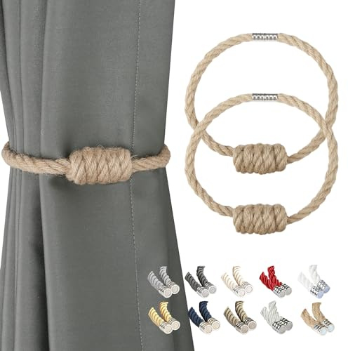 BEL AVENIR Magnetic Jute Curtain Tiebacks 2 Pack Hand-Woven Curtain Ties