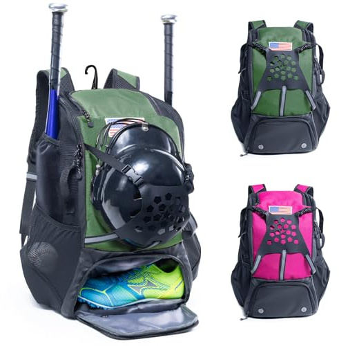 VIGEGARI Youth Baseball Bag - Bat, Glove & Helmet Holder, Shoes Compartment, Softball & T-Ball Equipment Accessory