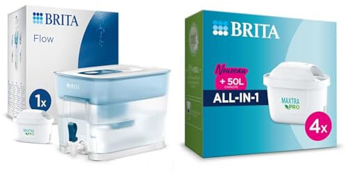 BRITA Distributeur d'eau filtrée Flow 8,2L + 1 Cartouche filtrante MAXTRA Pro All-in-1 & Pack de 4 cartouches filtrantes MAXTRA PRO All-in-1 - Nouveau MAXTRA +, Plus - réduit certains pesticides