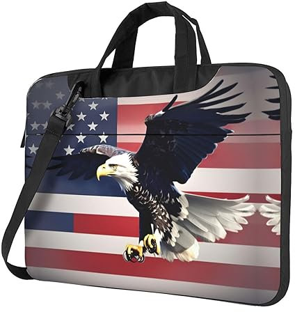 Blue Hexagons And Diamonds Laptoptasche – vielseitige und praktische Laptop-Computer-Aktentasche mit vollständigem einseitigem Druck, 3D-Weißkopfseeadler fliegt mit amerikanischer Flagge, 13 inch