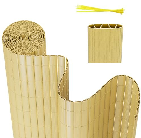 Gimisgu PVC Sichtschutzmatte 180 x 400 cm, Standard Sichtschutz, W-Struktur Verstärkung Innen, Wasserdicht Balkon Sichtschutz mit Kabelbindern, Balkonverkleidung Windschutz, Bambus
