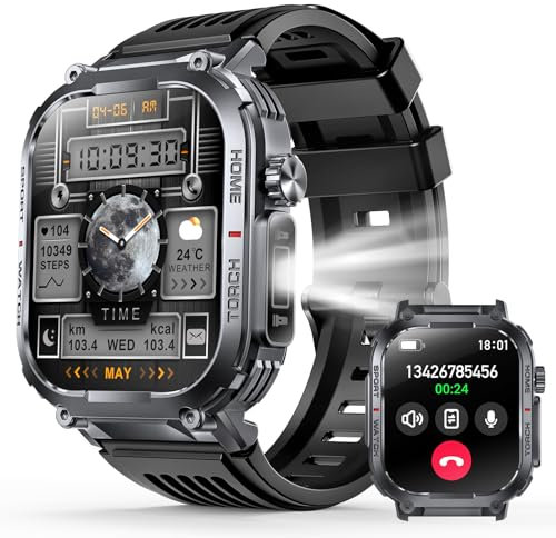 JELLOO Smart Watch militare da uomo con impermeabile 3ATM (rispondere/effettuare chiamate), smartwatch da 2,02 pollici con oltre 100 modalità sportive, cardiofrequenzimetro SpO2, monitoraggio del
