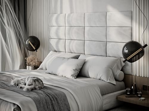 Panneaux muraux décoratifs rembourrés en Velours pour tête de lit | Planches coussinées | Décor capitonné | Anti-Collision | Traitement insonorisant Acoustique | (Blanc, 2X Rectangle (25x50cm))