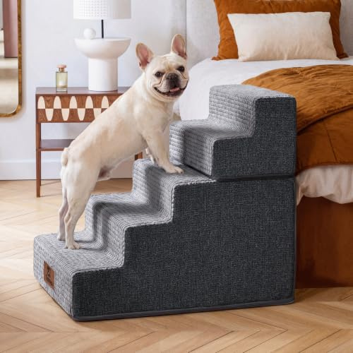 Sytopia Dog Step for High Beds and Sofa, 5-Step High Density Foam Pet Stairs for Small Dogs and Cats, Non-Slip Bottom and Surface, Removable Washable Cover, 80 lbs Max Load, Grey, 76 x 40 x 57 cm