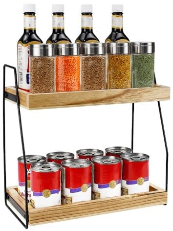 HEKOBAG Estantería de Sobremesa de 2 Niveles, 34 * 17.5 * 33cm Organizador Encimera Madera para Especias, Jabones, Botelas, Frascos Para Cocina, Baño, Dormitorio y Oficina, Soporte de Metal