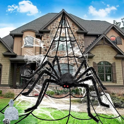 BOOSHMall Halloween Deko Outdoor Spinne Groß, Halloween Spinnennetz Dekoration, Horror Deko Garten 5.4m Dreieckiges Riesen Spinnennetz & 125cm Gruselige Dehnbares Riesen Spinne