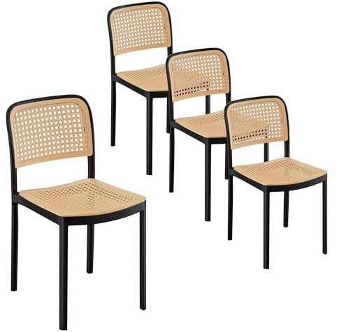 VonHaus Dining Chairs Set of 4 - Black & Natural Rattan Effect Kitchen Chairs - Compact & Stackable Plastic Seats - Modern Boho Style for Dining Room Furniture - Rattan Look Set - Brewer