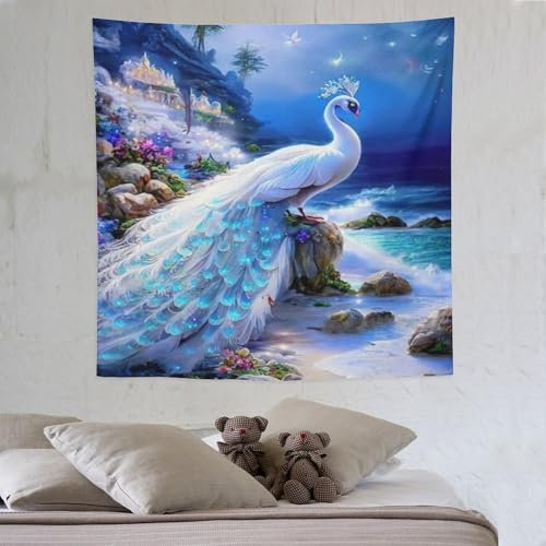 PAZZK Pfau Tapisserie Wandteppiche 3D-Druck Wandteppich Wandbehang Heimdekoration Wandtep 150×150cm