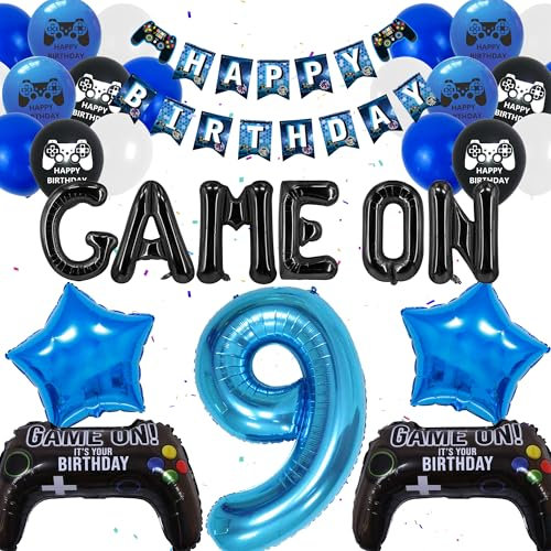 9th Birthday Decorations for Boys - 50 Pieces Video Game Party Supplies, Blue Happy Birthday Banner Gaming Controller Foil and Latex Balloons, 9 Year Old Gamer Birthday Party Decor