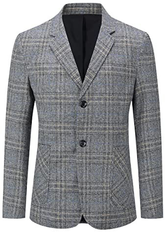 YOUTHUP Blazer Vintage Homme Slim Fit, Blazer Homme à Carreaux, Veste de Costume Décontracté Business Gris Clair M