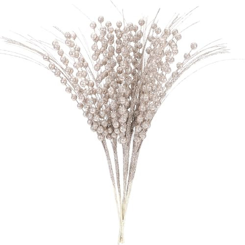 Sea Team 24-Pack Decorative Christmas Tree Branches, Fluffy Glittery Bead Twigs, Tree Toppers, Vase Fillers, Stems, Picks for Christmas Tree, Wreath, Garland, 16.5-Inch, Champagne
