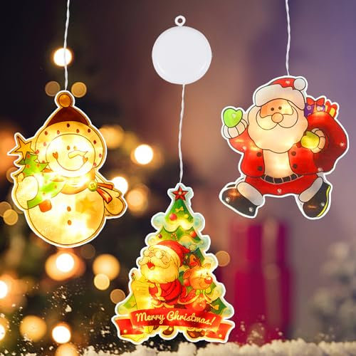 Funmo LED Saugnapf Weihnachtsbeleuchtung - 3 Stücke Batteriebetriebene Fensterlichter für Innen und Außen - Hängende Deko für Weihnachtsfeier und Fenster