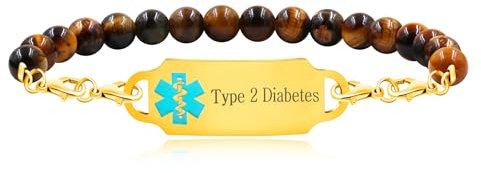 JunyiDIY Graviertes Typ 2 Diabetes Medizinisches Alarm Identitätsarmband mit Tigerauge Stein - Notfall Medizinisches ID Armband für Ehemann Ehefrau Männer Frauen