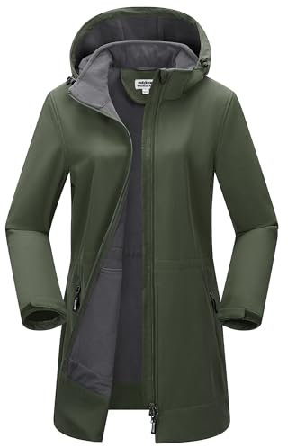 Outdoor Ventures Women's Softshell Long Jacket with Hood Fleece Lined Windproof Jacket for Women Waterproof Windbreaker Dark Army Green L