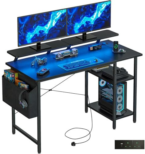 DOMSHOCT Gaming Desk with LED Lights & Power Outlets, Reversible Computer Desk with Storage Shelves,Small corner desk, for Home Office & Study, 100×50cm Black