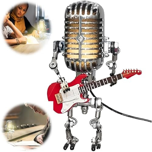 YRBKBYBC Sherum Mic Rockbot, Vintage Microphone Guitar Robot Lamp, Music Gifts for Men, Cool Gifts for Music Lovers, Vintage Light Home Decor Nightstand Desk Lamp for Bedroom, Music Studio(Red)