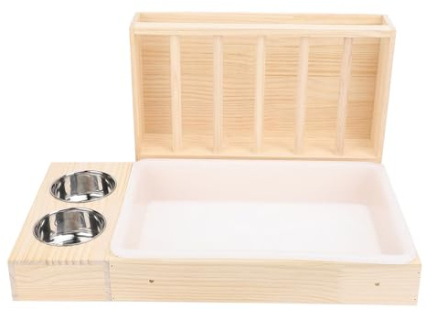 Kaninchen Heu Futterstation, 3 in 1 Kaninchen Heu Futterstation mit Katzentoilette 2 Edelstahlnäpfe schmutzabweisende Futterkrippe aus Holz für kleine Haustiere Hamster Meerschweinchen