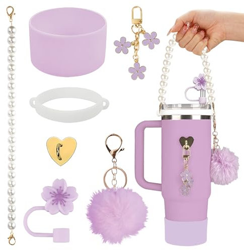 Set d'Accessoires Compatible avec Stanley Cup de 7 Pièces – Comprend une Botte en Silicone, un Couvercle de Paille, Charms Compatible avec Stanley pour Tumbler 800-1100 ml (violet)