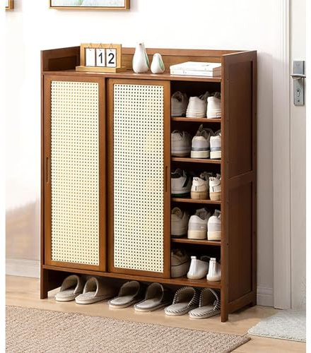 Zapatero de bambú con puerta corredera de ratán independiente, para entrada, pasillo, oficina, color marrón, 87 x 32 x 106 cm