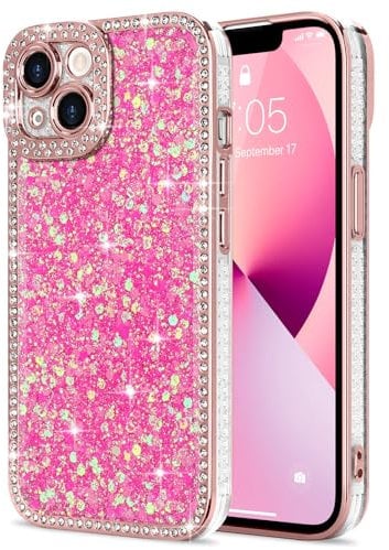 Lafunda Coque Compatible avec iPhone 13 Paillettes Bling Pailletée Antichoc Cristal Étui Brillant pour Femmes et Filles Housse de Téléphone pour iPhone 13 Rose Roue