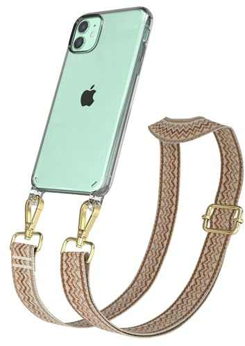 EAZY CASE Handykette - Verstellbares Taschenband kompatibel mit iPhone 11, Schulterriemen, Handykordel mit Silikon Hülle, Umhängetasche, Beige Braun Gold