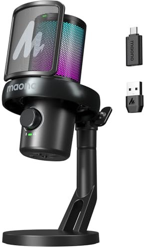 MAONO Micro sans Fil pour PC, Micro Gaming avec Logiciel de Changement de Voix IA, Suppression du Bruit à 3 Niveaux, éclairage RVB Personnalisé, pour Jeux, Podcasting, Streaming, DM40 Pro Noir