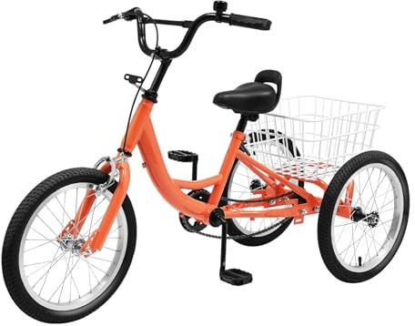 16 Zoll Dreirad Single Speed Trike Cruise Fahrrad Kinderfahrrad für 7-10 Jahre Kinder mit Verstellbare Sitz- und Griffhöhe, Korb, City Einkauffahrrad Bike, für Outdoor-Aktivitäten, Hellorange