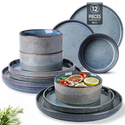 GBhome Stoneware Dinner Sets for 4 People, 12 Pieces Reactive Glaze Handcrafted Plates and Bowls Set, Scratch Resistant Dinnerware Set, Dishwasher & Microwave Safe Crockery Set, Space Blue