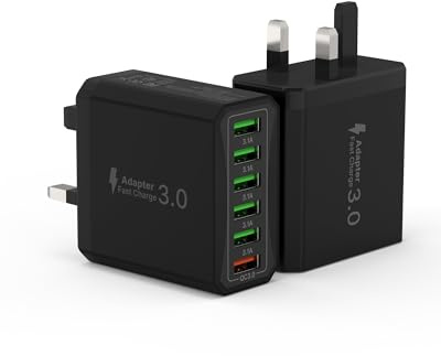 Tupneuf 2 Pack USB Plug UK, 33W 6 Port Multi Plug Multiport Charger Head with QC 3.0 Fast Charging, USB Wall Power Adapter for iPhone 16 15 14 13 12 11 10 8 7 Pro Max Plus, Samsung