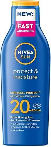 NIVEA SUN Protect and Moisture Solkräm, SPF 20, 200 ml | Solkräm med vitamin C och hyaluronsyra, vattenresistent, ingen vit hinna, 48 timmars långvarig återfuktning