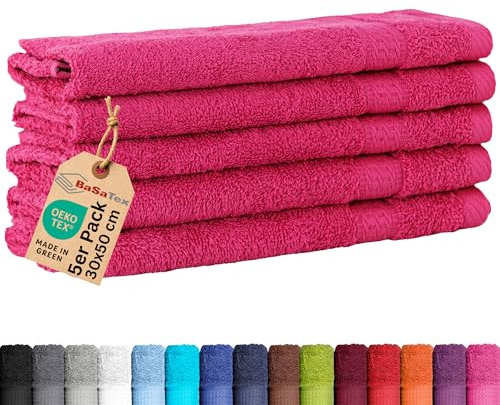 BaSaTex Frottee Gästehandtuch, 5er Set, 30x50cm, Magenta | 100% Baumwolle-Frottee, Öko-Tex Made in Green Zertifiziert, Aufhängeschlaufe, 500gm², saugstark und langlebig