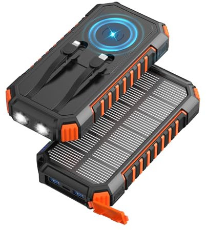 Fandealo-Caricabatterie-Solare-Wireless-Power-Bank-27000mAh – 22,5W Caricatore Portatile Senza Fili con 2 Cavi, USB C PD QC 3.0 Ricarica Rapida Batteria Esterna con Luci LED per Campeggio