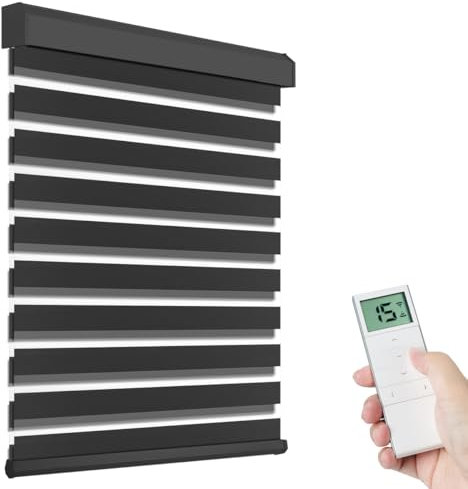 Tokblind Motorized Zebra Shades with Remote Control, Electric Dual Layer Sheer Roller Blind Compatible with Alexa via Hub, Smart Day and Night Blinds for Windows, Customized Size (Black)