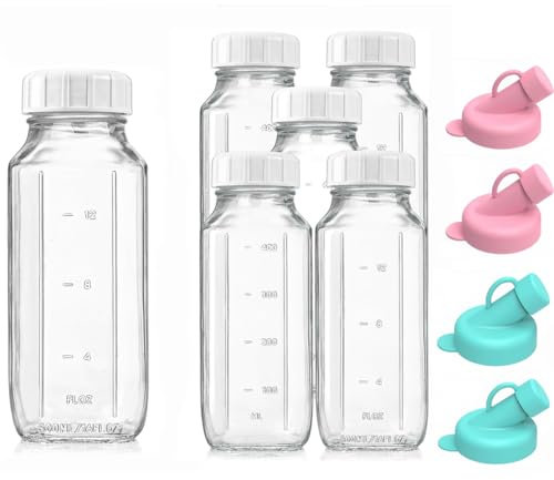 Lot de 6 Bouteilles Transparentes en Verre avec Bouchon avec Couvercles, Réutilisables, 500ml, Bouteilles de Jus Pour Laiterie, Jus de Fruits Pour Petit DéJeuner, Pique-Nique, Mariage (6 Pack-500ML)