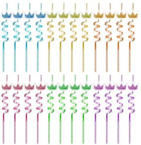 Pajitas reutilizables, 24 pajitas en espiral con corona de amor con purpurina, plástico duro, recuerdos de fiesta de princesa, para festivales, cumpleaños, bodas