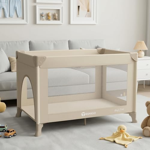 Trimigo Portable Baby Playard& Playpen with Mattress, Travel Crib, Khaki